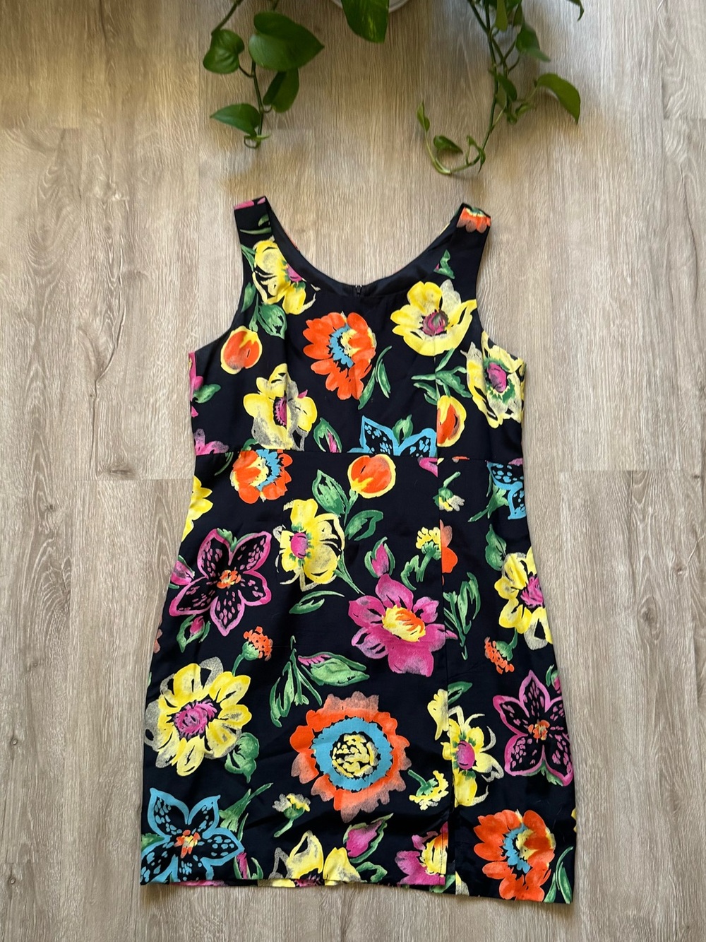 Vintage 90s Black Colorful Floral Rayon Sleeveless Shift Dress